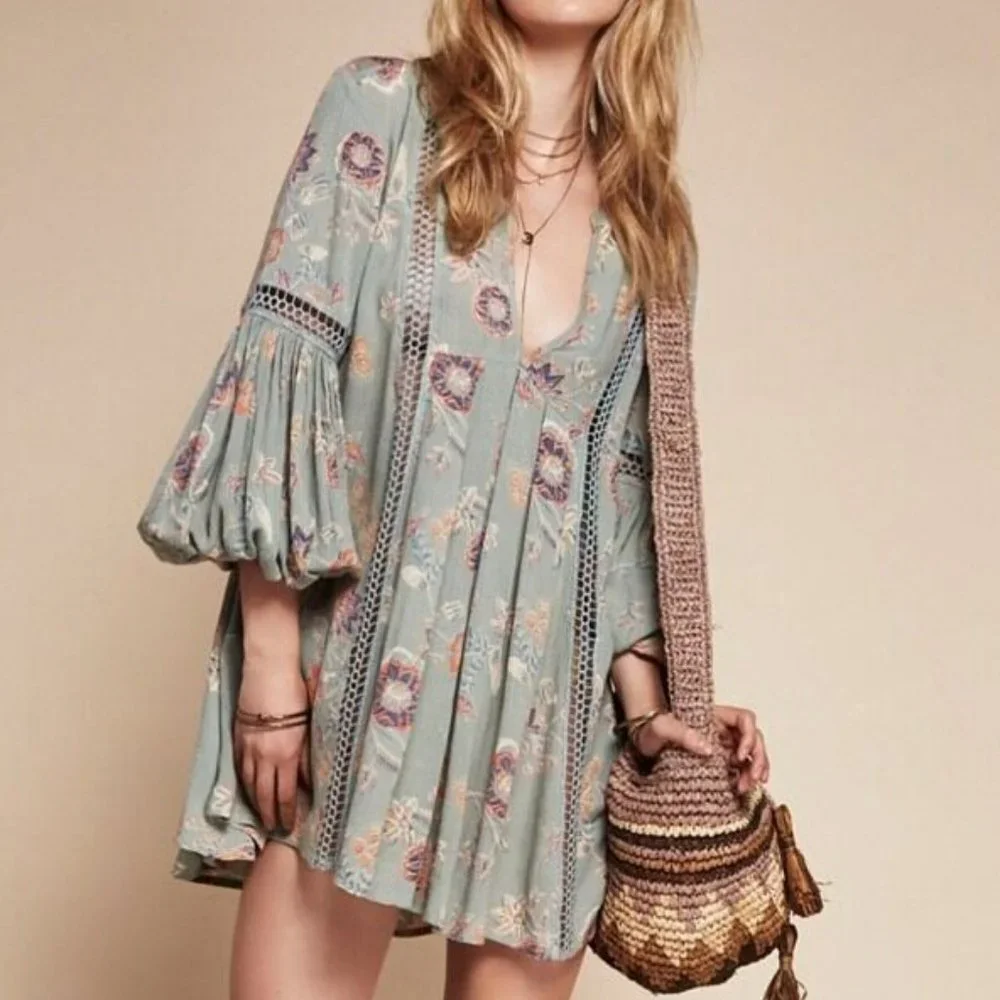 Free People Just The Two Of Us Printed Floral Lace Inset Tunic Dress, S